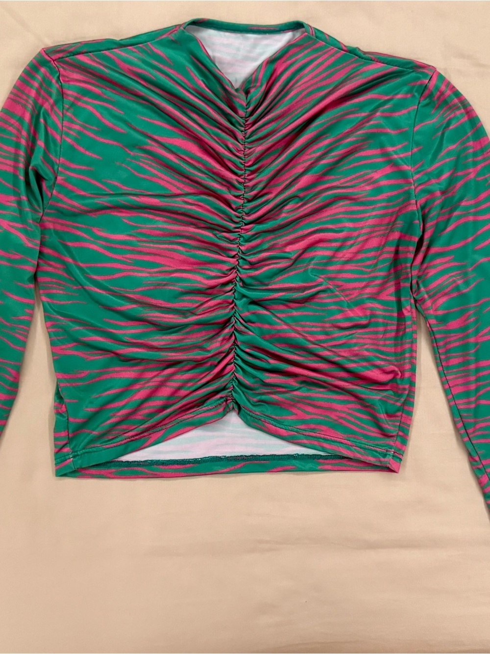 Hot Pink & Green Zebra Ruched Long Sleeve Crop Top